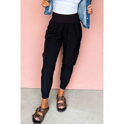 Black Elastic High Waist Pocketed Cargo Jogger Pants