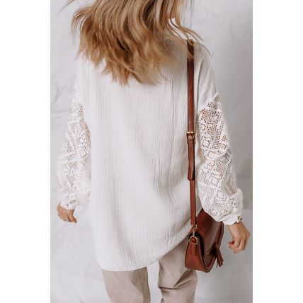 White Cotton Gauze Lace Patchwork Long Sleeve Shirt