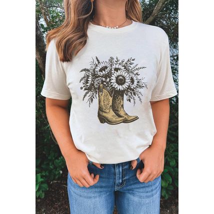 White Sunflower Cowgirl Boots Cotton Blend Graphic Tee