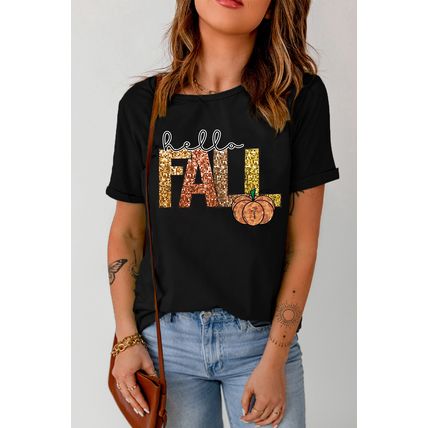 Black Hello Fall Letter Pumpkin Printed Thanksgiving T Shirt