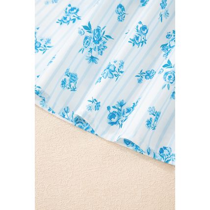 Sky Blue Floral Striped Print Contrast Patched Pocket Shirt and Shorts Set