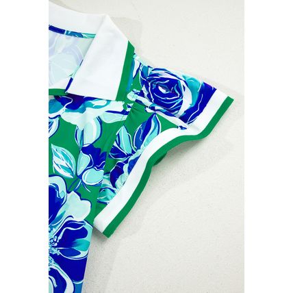 Bright Green Contrast Floral Print Collared V Neckline Ruffled Cap Sleeve Shift