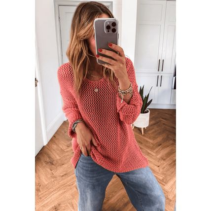 Coral Crochet Hollow-out Jumper Top Sweater