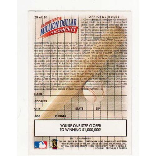 1997 Fleer Million Dollar Moments Alex Rodriguez card #28 – NM- Mariners
