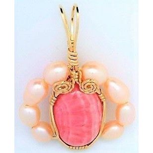 Rhodochrosite Pearl Gold Wire Wrap Gemstone Pendant 9