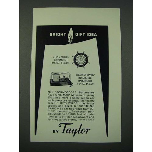 1963 Taylor Ad - Ship's Wheel Barometer #6202 & Weather-Hawk Barometer #6450