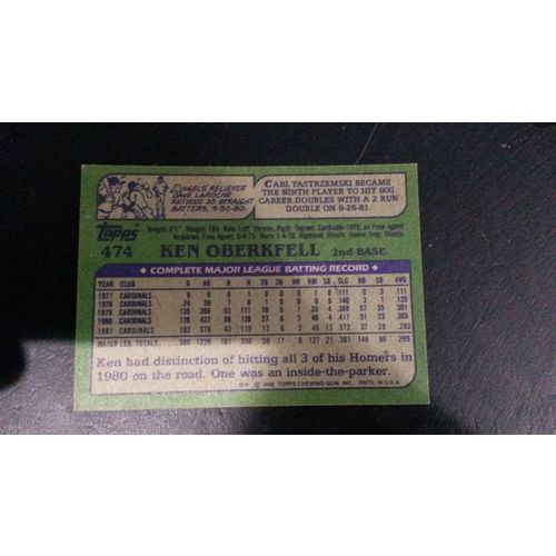 1982 Topps Card # 474 Ken Oberkfell Very Good-Excellent (4) St Louis Cardinals