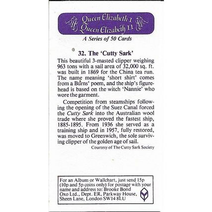 Queen Elizabeth I-II 1983 Brooke Bond Tea Card 32 - The 'Cutty Sark'