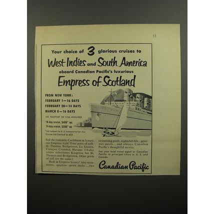 1952 Canadian Pacific Cruise Ad - Your choice of 3 glorious cruises