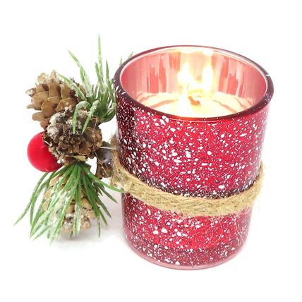 Christmas Red Glass Tea Light Holders with Winter Berry & Cone Decoration 6.5 CM