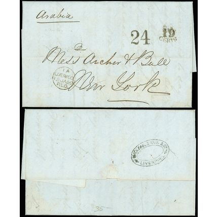 1859 London Transatlantic FLS, Ship "Arabia" -Archer & Bull, NY, "24" "19" Cents