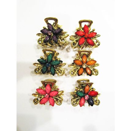 Small mini metal jeweled antique bronze flower hair claw clip