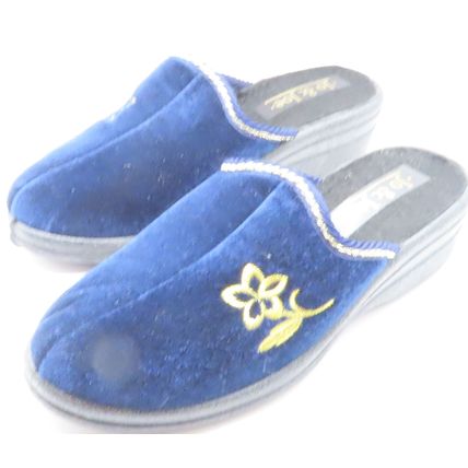 Ladies Mules Slippers Blue with Gold Trim & Flower Detail Wedge Heel Size 4