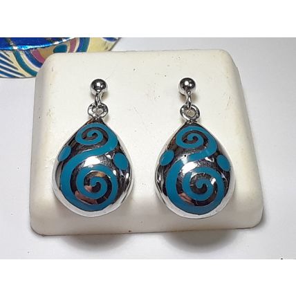 Estate 2 Sided Teardrop Blue Enamel Swirl Sterling Silver Dangle Earrings #19309