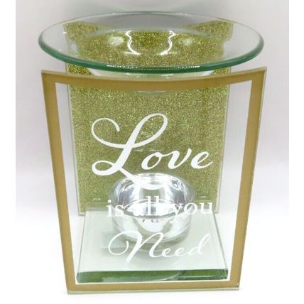 Love is all You Need Oil Burner Gold Glitter 12 CM Glass Rectangle Gift Home