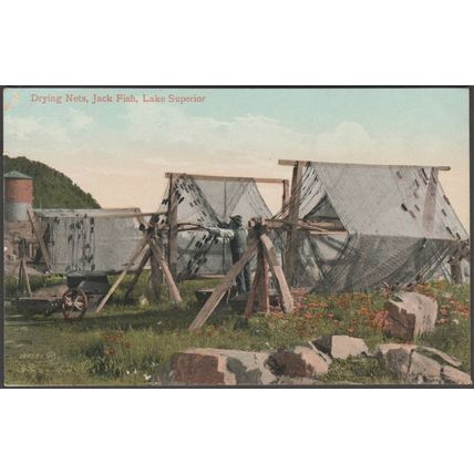 Drying Nets, Jack Fish, Lake Superior, Ontario, c.1910 - Valentine's Postcard