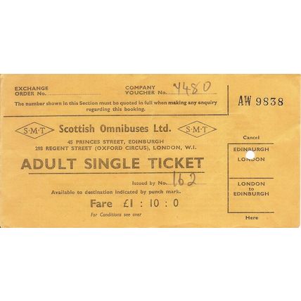 Adult Single Ticket issued by Scottish Omnibuses Ltd. - Edinburgh to London