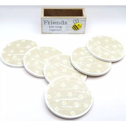 Bee Wooden Coasters Friends bee-long together Round Set of 6 in a Holder