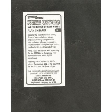 Bassett Sweet Cigarettes 1998 World Cup Heroes #6 Alan Shearer