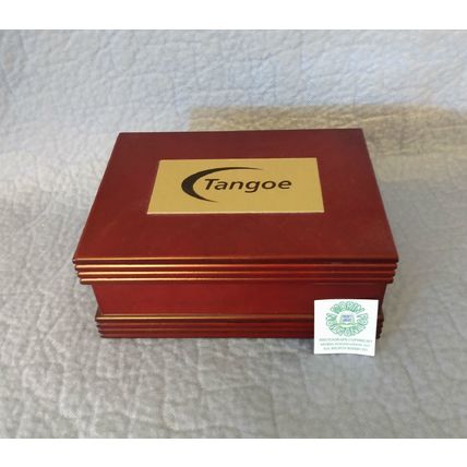 MAHOGANY COLORED HINGED BOX with TANGOE PLAQUE and GREEN FELT LINING