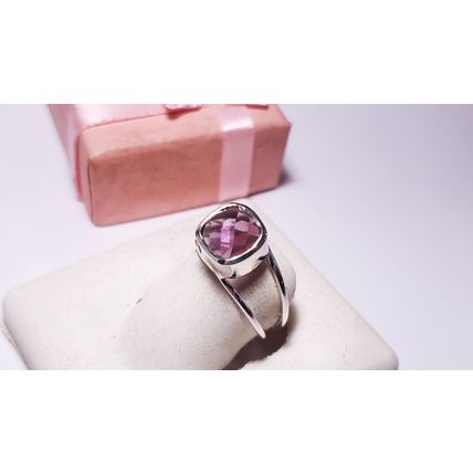 Estate 2ct Checkerboard Cushion Amethyst Bezel SterlingSilver splitShank Rg22330