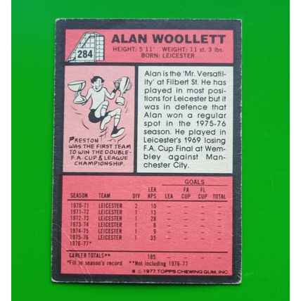 T0PPS 1977 RED BACK CARD ALAN WOOLLETT LEICESTER CITY 284