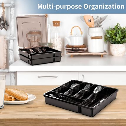 2 Layer Large Silverware Tray with Lid,Stackable Utensil Organizer for Counterto