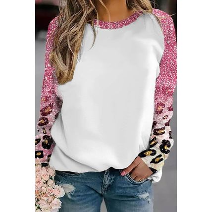 Pink Glitter Leopard Crew Neck Long Sleeve Top