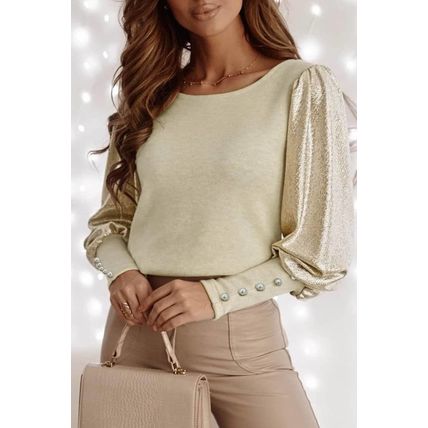 Khaki Buttoned Cuffs Shiny Puff Sleeves Top