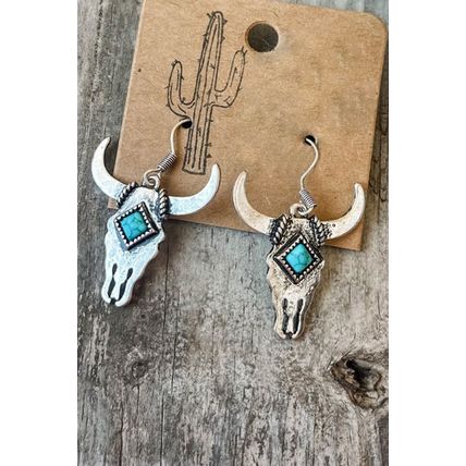 Silver Turquoise Bull Head Western Fashion Earrings