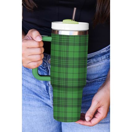 Dark Green Plaid Print Handle Stainless Vacuum Cup 1200ML