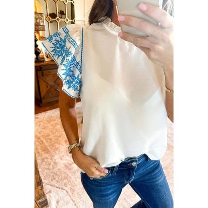 White Embroidered Ruffled Sleeve Frilled Collar Blouse
