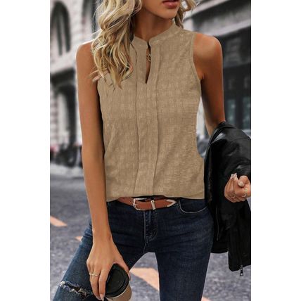Light French Beige Lattice Textured Split Neck Tank Top