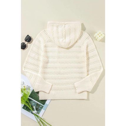 White Pointelle Knit Raglan Sleeve Hooded Sweater