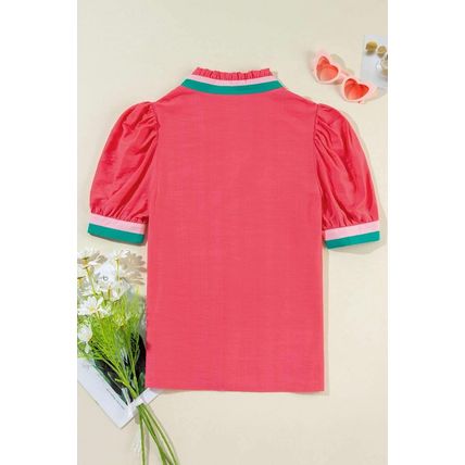 Carrot Colorful Trim V Neck Short Sleeve Blouse