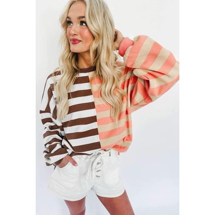 Brown Stripe Color Block Drop Shoulder Pullover Sweatshirt