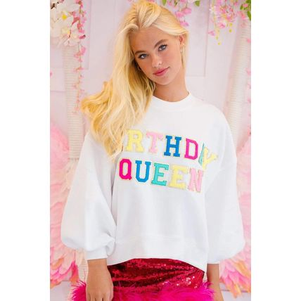White BIRTHDAY QUEEN Graphic Balloon Sleeve Sweatshirt