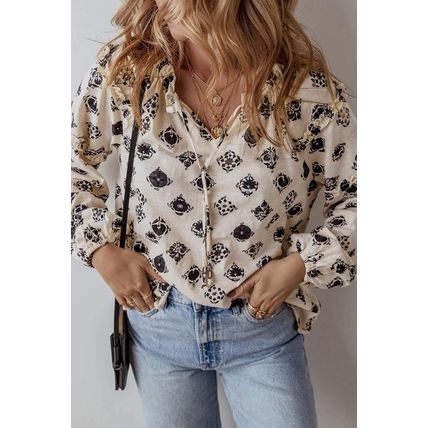 White Printed Split Neck Bubble Sleeve Loose Blouse