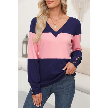 Blue Stripe Colorblock Button Decor Long Sleeve V Neck Top