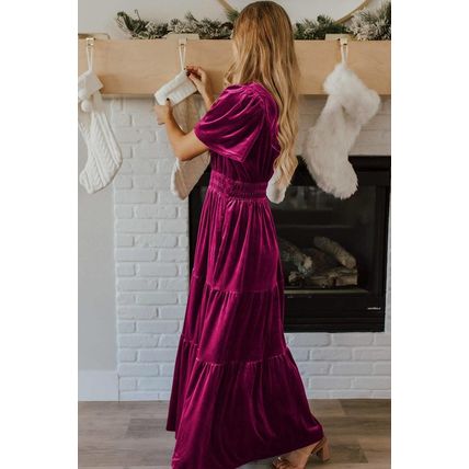 Red Dahlia Velvet Short Sleeve Shirred Waist Tiered Maxi Dress