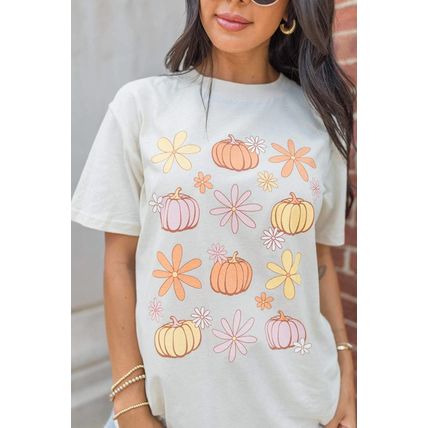 White Floral Pumpkin Graphic Crewneck Halloween T Shirt