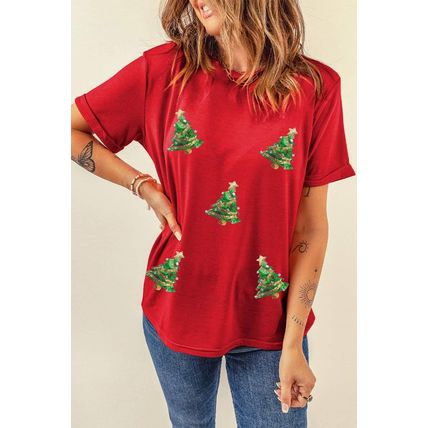 Red Sequined Christmas Tree Graphic Crewneck T Shirt