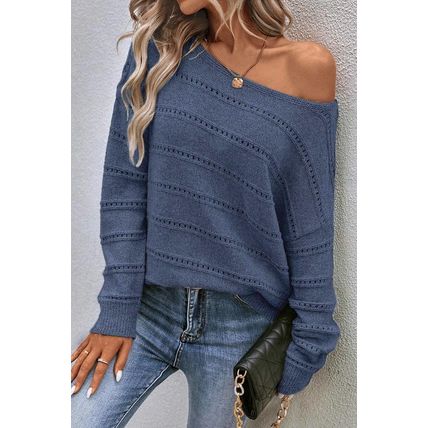 Real Teal Boat Neck Drop Shoulder Pointelle Knit Sweater