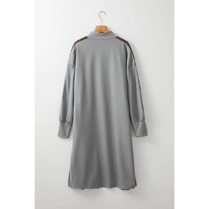 Medium Grey Aztec Accent Side Slit Open Front Long Cardigan