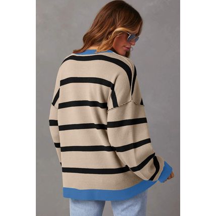 White Colorblock Drop Shoulder Buttoned Loose Cardigan