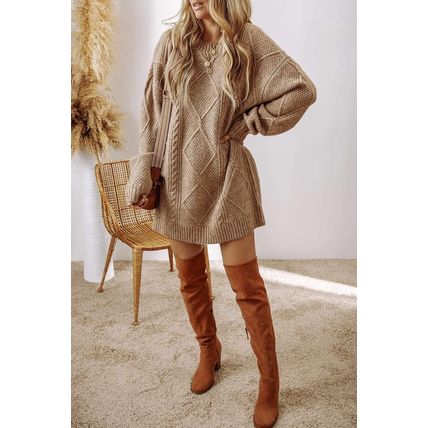 Parchment Cable Knit Drop Shoulder Loose Fit Sweater Dress
