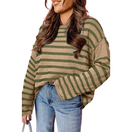 Khaki Stripe Drop Shoulder Casual Sweater