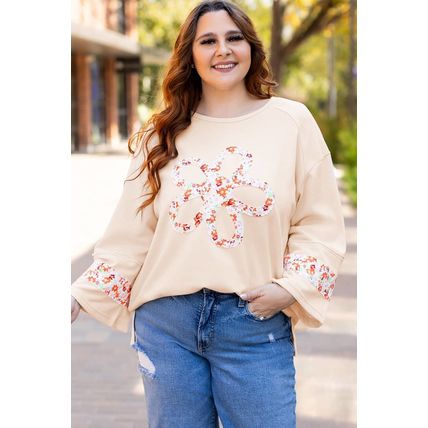 Beige Plus Size Flower Patched Side Slits Crewneck Top