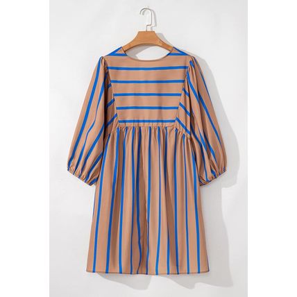 Khaki Stripe Contrast Striped Print 3/4 Sleeve Babydoll Plus Size Dress