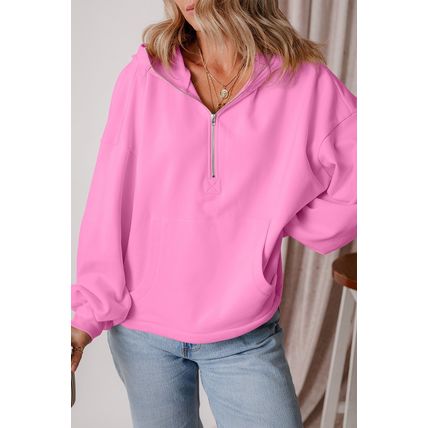 Bonbon Fleece Lined Half Zipper Kangaroo Pockets Loose Hoodie
